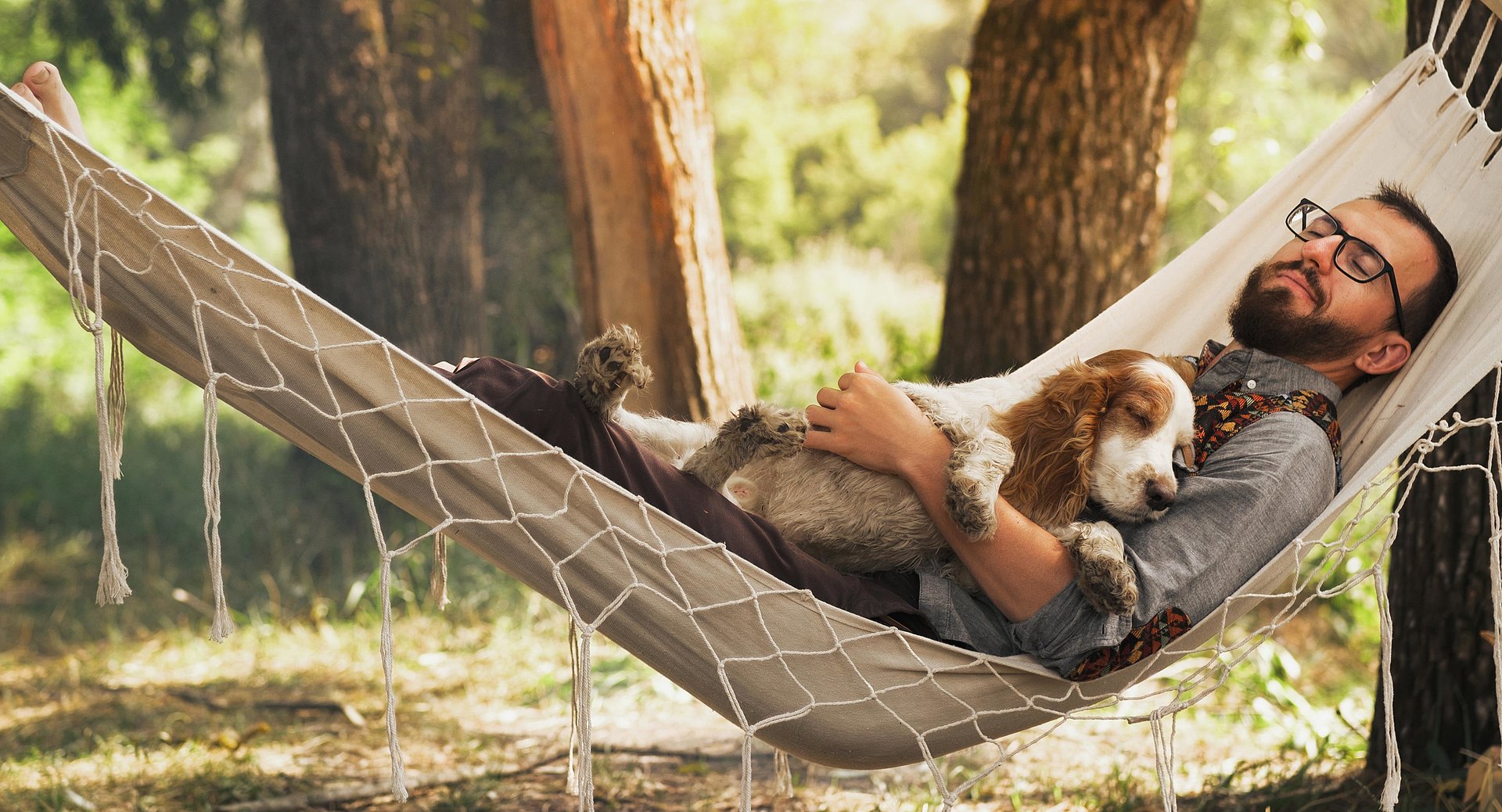 Ein Mann liegt mit seinem Hund auf einem Campingplatz in der Hängematte.